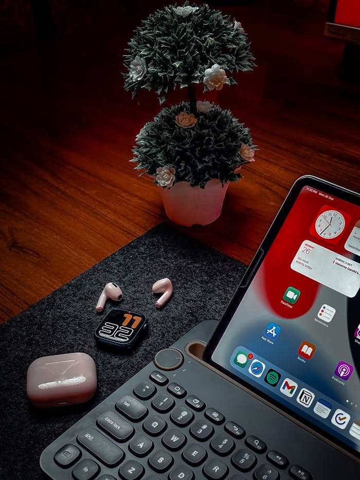services-01 A stylish desktop setup featuring an iPad, keyboard, earbuds, and decorative plant.