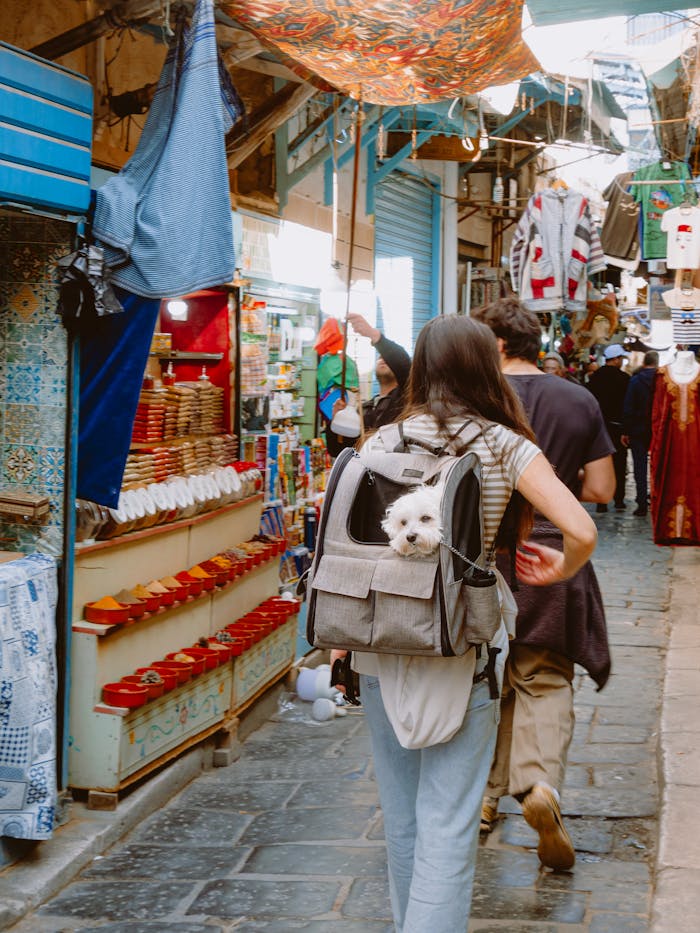 about-02 Woman carrying dog in backpack exploring vibrant Tunis market street.