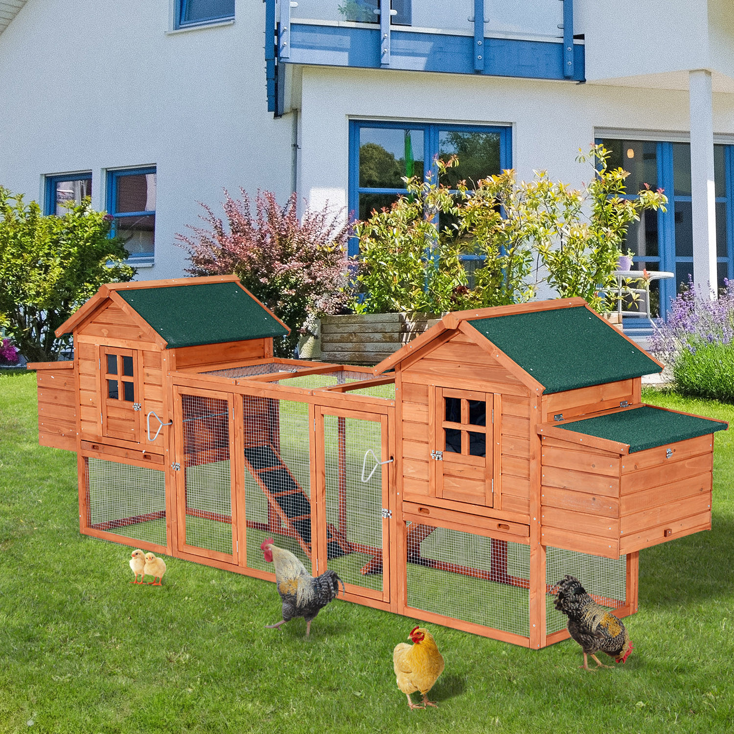 124" Dual Chicken Coop Large Chicken House Rabbit Hutch Hen Poultry Cage Backyard with Outdoor Ramps and Nesting Boxes