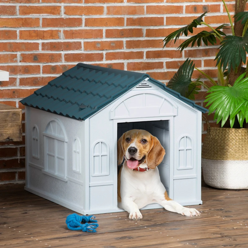 PawHut Plastic Dog House For Medium And Small Dogs, Water Resistant Puppy Shelter Indoor Outdoor With Door, Easy To Assemble, Blue
