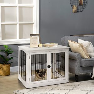 96c097f2-3d78-4121-93c5-8bb34595e4a7.jpg Dog Crate Furniture, 32" Small Dog Cage End Table with 2 Doors, Lockable Door, Puppy Kennel Indoor, White