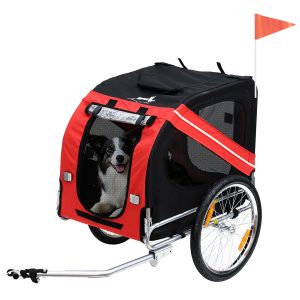 9caed657-4112-46ed-acf8-8e1229720681.jpg Dog Bike Trailer With Easy Folding Cart Frame, Large Wheels, 3 Entrances, Mesh Screen, For Dogs Within 44 Lbs, Red & Black