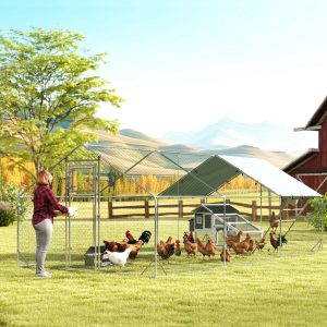 bc6df19c-75d8-44bc-b070-0d3132864181.jpg Metal Chicken Run w/ Waterproof & Anti-UV Cover, Feeding Door, Hanging Feeder, for 18-24 Chickens, 9.8' x 19.7' x 6.4'