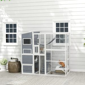 c2f55af3-a68d-4e92-8e6c-773ab9180029.jpg Large Wooden Catio Outdoor, Cat Enclosure W 4 Tier Resting Rooms, 3 Platforms, 1 Soft Ladder, 2 Ramps, 1 Hammock, Gray