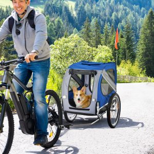 e9d2b039-6257-4b81-a1e1-0047293b6194.jpg Dog Bike Trailer, Pet Wagon Bicycle Trailer with Easy Folding Cart Frame, 20" Large Rubber Wheels, 3 Entrances, Mesh Screen, Pet Bike Trailer for Off-Road & Travel, Blue and White